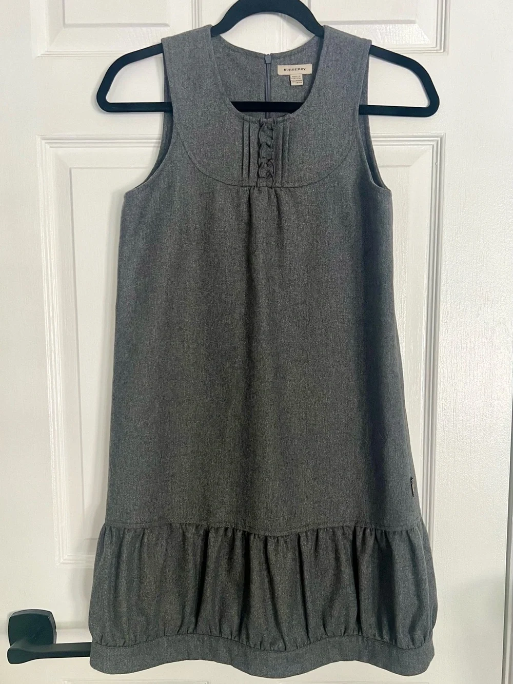 Burberry Girls Wool Jumper Dress Gray with Check Trim & Pink Lining Size 12-14yr